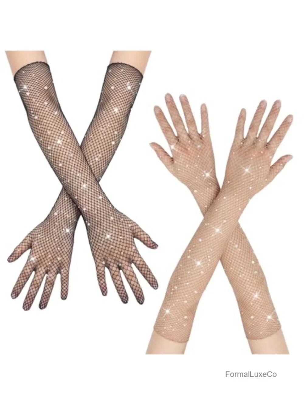 2 Pair Rhinestone Fishnet Gloves Elbow Length Sparkly Rave Gloves Opera Gloves
